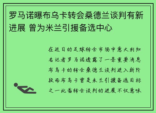 罗马诺曝布乌卡转会桑德兰谈判有新进展 曾为米兰引援备选中心