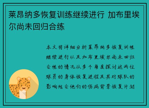 莱昂纳多恢复训练继续进行 加布里埃尔尚未回归合练 莱昂纳多恢复训练继续进行 加布里埃尔尚未回归合练